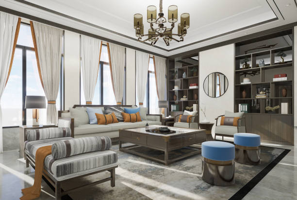 istock Modern chinese style living room interior, Sofa set and center table. 3D illustration 1987151183