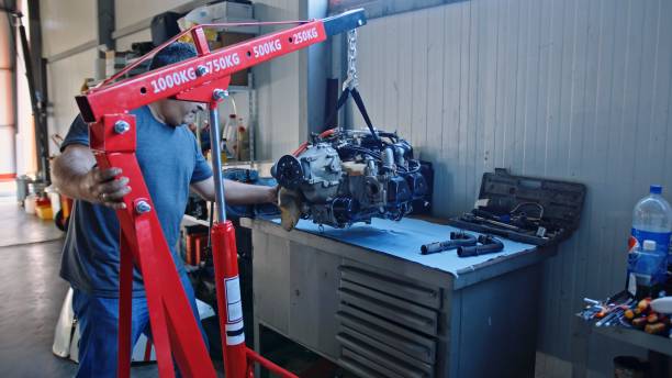 istock Aerospace industry. Aircraft mechanic repairs airplane engine. 1987155608