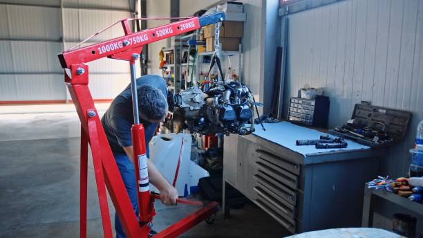 istock Aerospace industry. Aircraft mechanic repairs airplane engine. 1987155610