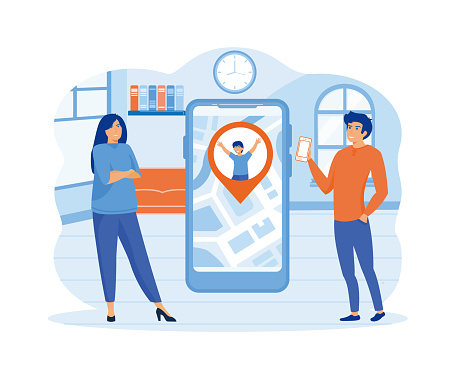 Children protection and safety concept. Parents monitoring whereabouts of child via smart phone with geo location tracking application. flat vector modern illustration