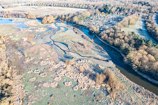 Aerial view of River Wey Guildford Surrey England Europe