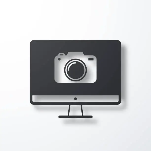 Vector illustration of Desktop computer with camera. Icon with shadow on white background