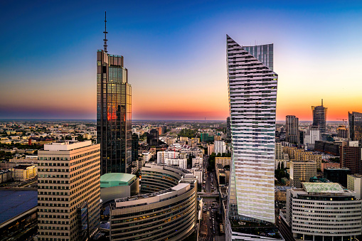 amazing evening View with high skyscrapers in the center business part of Warsaw in Poland at sunset, view from high