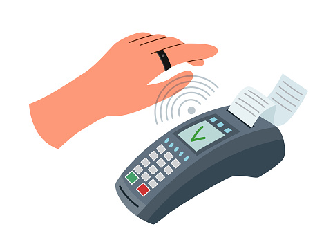 Payment terminal and hand in smart ring. Contactless payment concept. Technology concept.
