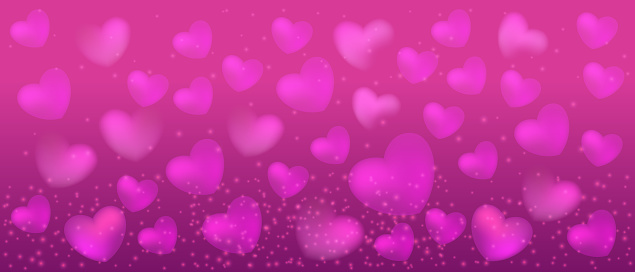 Pink gradient background with falling bokeh, scatter confetti, flying hearts. Valentines day template of red purple heart on glowing lights wallpaper. Love holiday vector for flier, greeting card, poster.