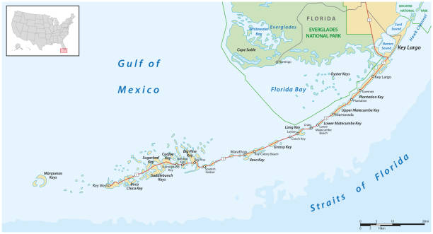 ilustrações de stock, clip art, desenhos animados e ícones de detaild florida keys road and travel vector map - florida cartography map florida keys