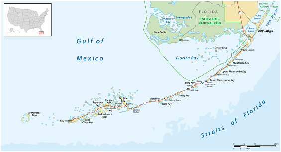 detaild florida keys road and travel vector map