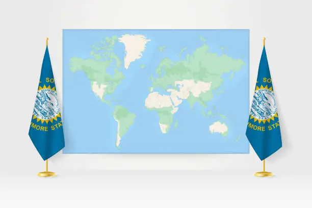 Vector illustration of World Map between two hanging flags of South Dakota flag stand.