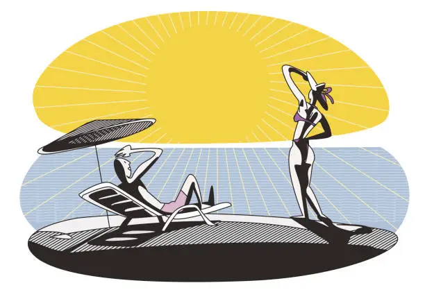 Vector illustration of man and woman in swimsuits on the beach