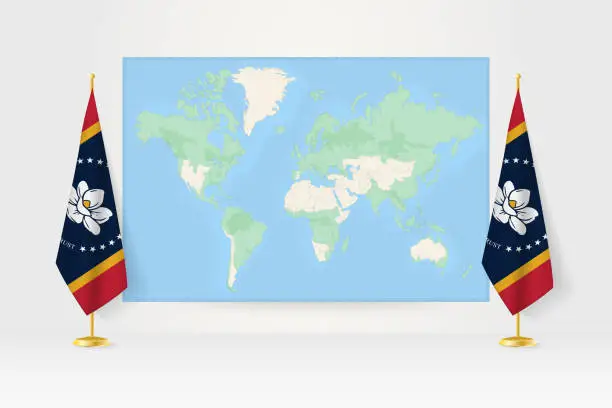 Vector illustration of World Map between two hanging flags of Mississippi flag stand.