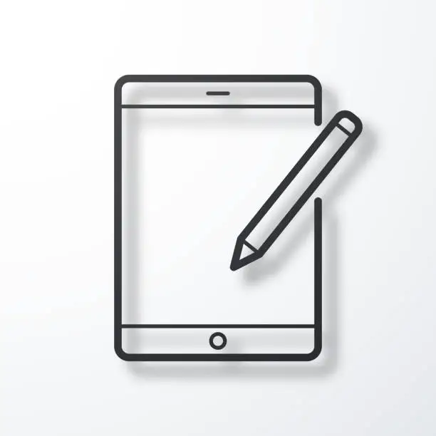 Vector illustration of Tablet PC with pen. Line icon with shadow on white background