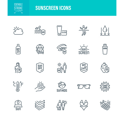 Sunscreen Icon Set. Editable Stroke. For Mobile and Web. Contains such icons as  Beach, UV Protection, Ultraviolet Light, Sun, Suntan Lotion, Sunbathing, Sunglasses, UV, SPF