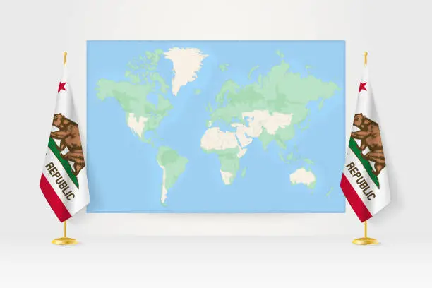 Vector illustration of World Map between two hanging flags of California flag stand.