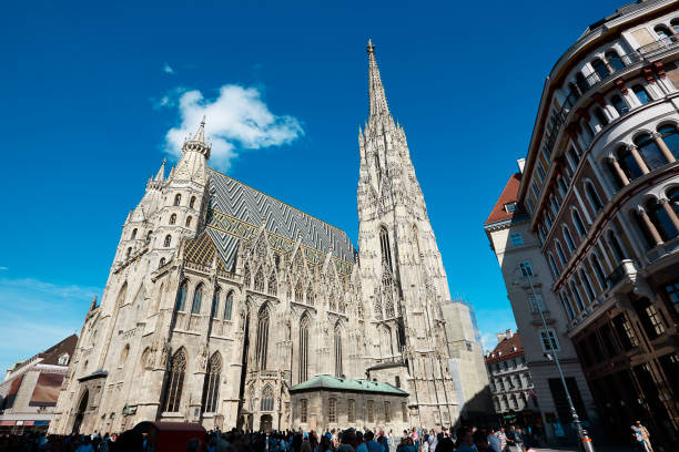 St. Stephans cathedral multicolored rooftop in Vienna city center. Austria