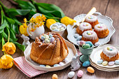 Easter yeast cake sprinkled with powdered sugar, decorated with chocolate eggs. Traditional Easter cake