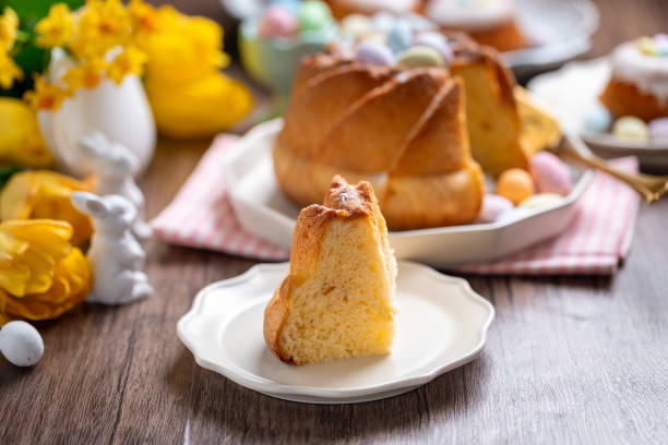 Easter cake with icing on a red plate