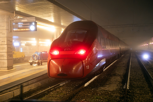 Venezia, Veneto, Italy - January 28, 2024: Italo High Speed train of Trenitalia at Santa Lucia Venice Railway Station