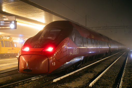 Venezia, Veneto, Italy - January 28, 2024: Italo High Speed train of Trenitalia at Santa Lucia Venice Railway Station