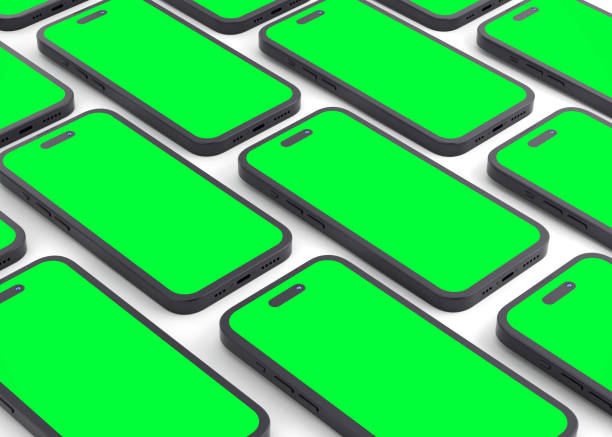 istock Smartphones flat lay mockup green chromakey screens 1987205730