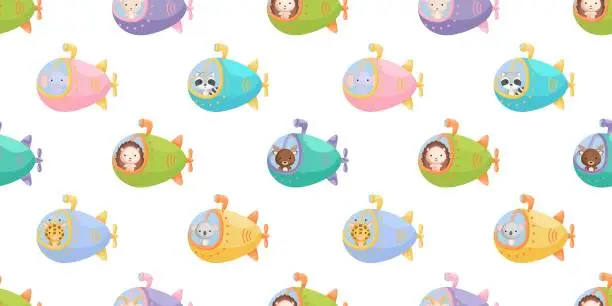 Vector illustration of Cute little animals on submarine seamless childish pattern. Funny cartoon animal character for fabric, wrapping, textile, wallpaper, apparel. Vector illustration