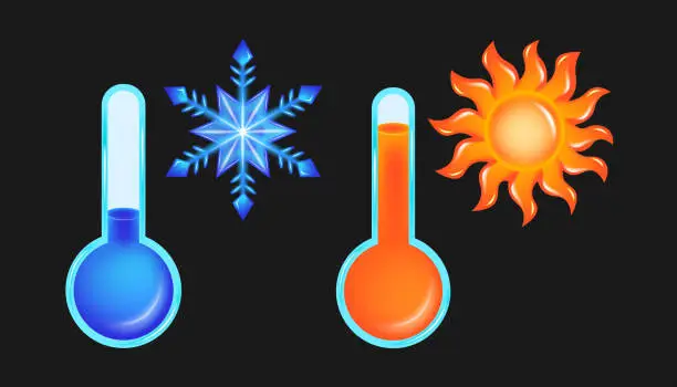Vector illustration of Hot and cold temperature thermometer icons with snowflake and sun. Vector illustration