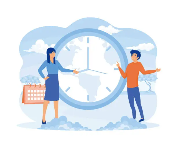 Vector illustration of World time zones. International time and date. Big clock showing local time. Tiny business people worldwide. flat vector modern illustration