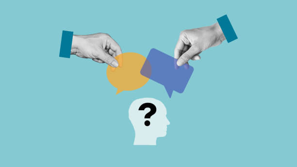 istock True or false. Head with sign of question is looking two big arms hold Dialogue Bubbles. Different thinking 1987218933