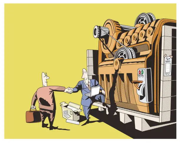 Vector illustration of machine salesman and businessman shaking hands