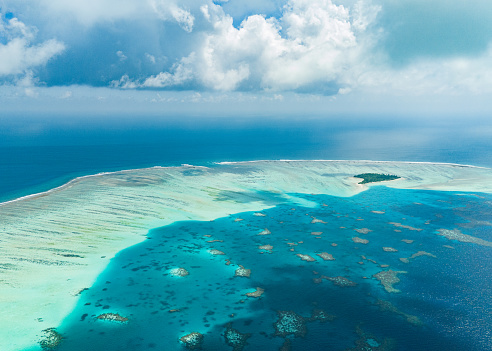 Panoramic view of Maldives islands from sea plane