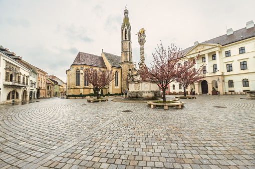 The Main Square with The Goat Church in Sopron town, Hungary, Europe.