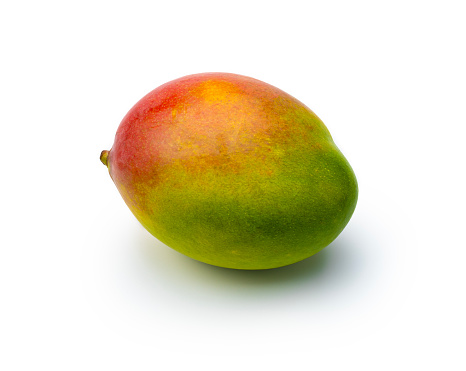 One Mango isolated on a white background.\nHigh angle view, Studio shot.