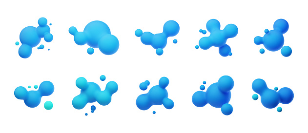 Blue 3D morphing balls. Liquid blobs like lava lamp. Fluid 3D metaballs. Colorful vector illustration for cards, posters, advertising, flyers. Isolated on white background.