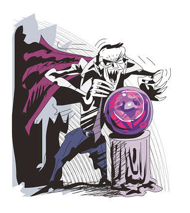 Vector sorcerer businessman looks into a glass orb