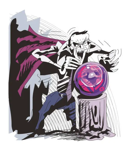 Vector illustration of sorcerer businessman looks into a glass orb