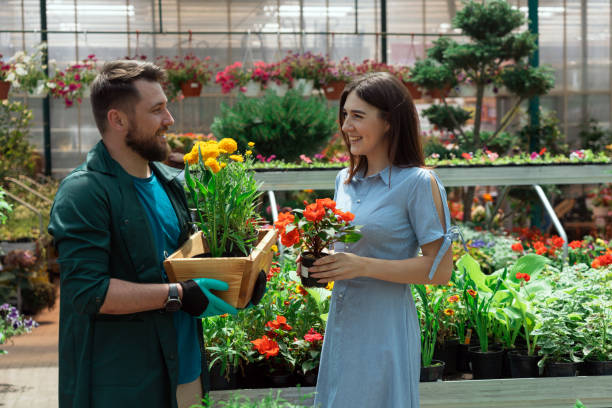 istock Worker helping female customer with plant in garden center 1987251924