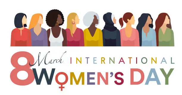 Vector illustration of International Women’s Day Banner. Multiracial Group of Women.