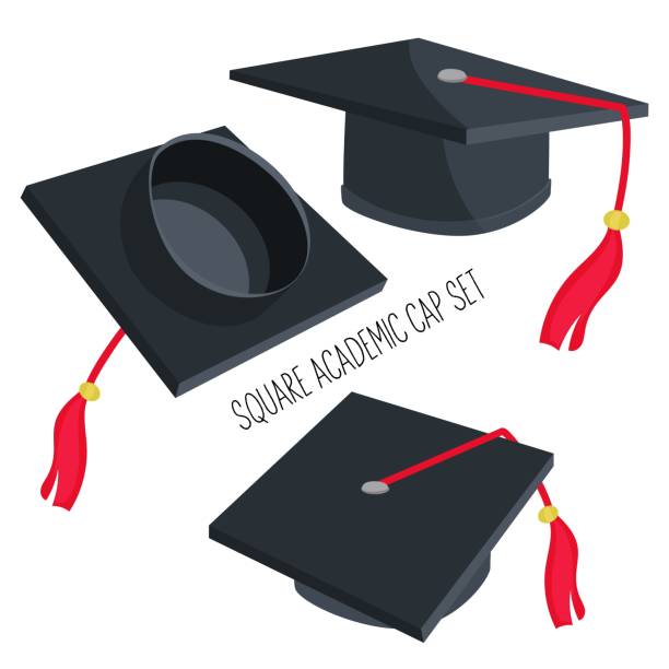 istock Collection of academic hats in different angles. High school or college graduation. Class 2023 in black and red. A set of graduation hats in different angles. Graduates of 2023. 1987262636