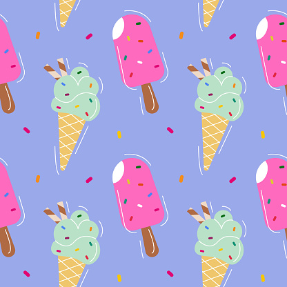 Ice cream with different toppings on a blue background. Seamless pattern. Can be used for web page background fill, surface texture