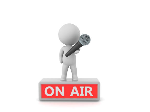 3D Character with microphone standing on top of on air sign. 3D Rendering isolated on white.