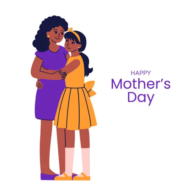 Vector illustration of Hand-drawn flat illustration of mother and teenage girl hugging and smiling together.