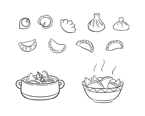 Dumplings, gyoza, vareniki, mandu, pelmeni, khinkali illustration set. Dumplings, gyoza, vareniki, mandu, pelmeni, khinkali illustration set. Line art elements for menu, food advert, or recipes. National dish from dough filled with meat, vegetables, fish, cheese. russian pelmeni stock illustrations