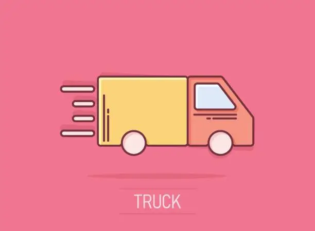 Vector illustration of Truck icon in comic style. Auto delivery cartoon vector illustration on white isolated background. Lorry automobile splash effect business concept.