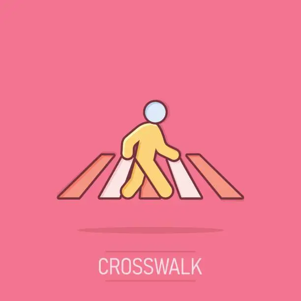 Vector illustration of Pedestrian crosswalk icon in comic style. People walkway cartoon sign vector illustration on white isolated background. Navigation splash effect business concept.