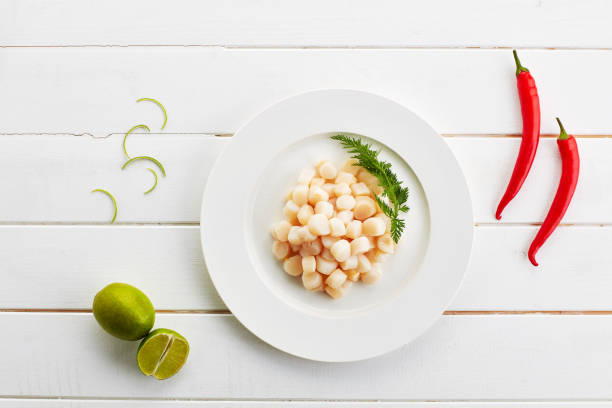 Plate, scallops and seafood in studio for lunch, restaurant menu and shellfish for protein nutrition on table. Above, dinner and fish as healthy food by lemon, chilli and omega 3 by white background