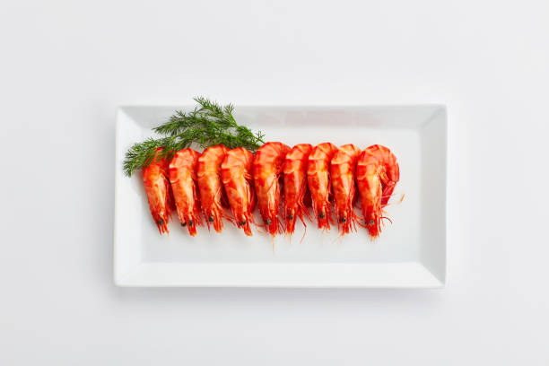 Plate, shrimp and seafood in studio for dinner, restaurant menu and shellfish for protein or nutrition. Above, mockup and raw fish for healthy food of omega 3 and lunch for brain by white background