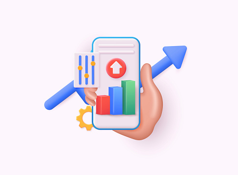Phone with charts and graphs. Pie , Line , Candlestick Chart. Planning and visualization of statistics. 3D Web Vector Illustrations.