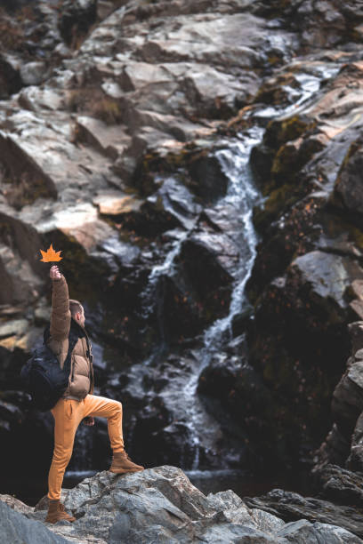 istock Young hiker man standing next to a waterfall with and showing a yellow leaf 1987299574