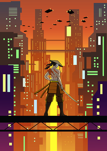 A vector illustration of an anime style samurai with futuristic cyberpunk city in the background. Easy to grab and edit. Wide space available for your text or copy.