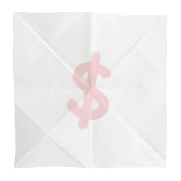 Vector illustration of White coloured crumpled crushed wrinkled paper horizontal vector backgrounds with folds, wrinkles and creases all over like a plain blank empty waste page with cut torn uneven edges and one big faded USD dollar sign or symbol