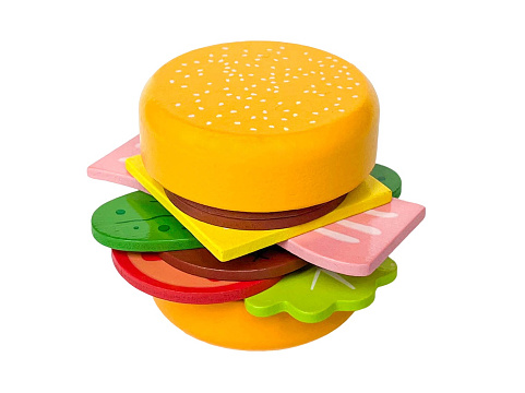 Child's toy wooden stack burger game - role play food - with patty, cheese, gherkin, bacon, lettuce, tomato